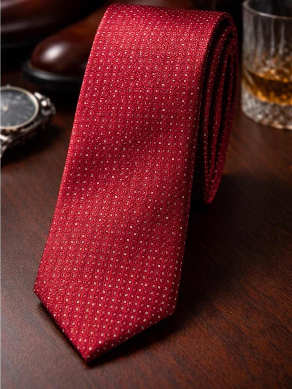 Saddlebred Red Silk Tie Geometric Pattern Classic Men’s Dress Tie